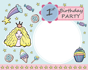 Vector baby 1-th Birthday party greeting card.  Candies, donuts, ice cream, cup cakes, little princess, rainbow, comet, stars. Stickers.