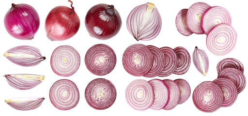Set of red onions. Useful vegetables. Additive. Isolated on white background. For your design.