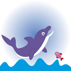 Cartoon Dolphin and little fish.