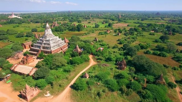 Bagan, Myanmar (Burma), aerial view of ancient temples and pagodas during daytime. 
