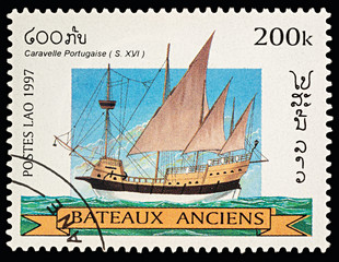 Ancient Portuguese Caravel (16th-century) on postage stamp