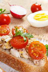 Closeup of sandwiches or baguette with mackerel or tuna fish paste, healthy nutrition