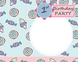 Vector baby 1-th Birthday party greeting card.  Candies, donuts, ice cream, cup cakes. Stickers.