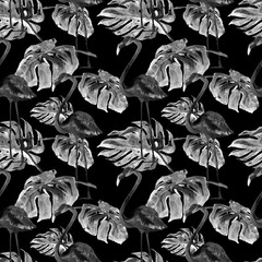 Watercolor Seamless Pattern. Hand Painted Illustration of Tropical Leaves and Flowers. Tropic Summer Motif with Tropical Pattern.