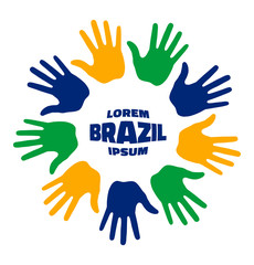 Colorful nine hand print logo using Brazil flag colors. Vector illustration