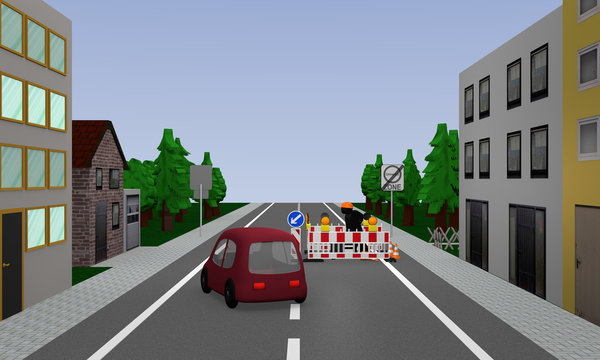 Road with construction site, car, street signs and houses. 3d rendering