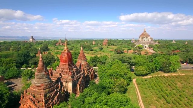 Bagan, Myanmar (Burma), aerial view of ancient temples and pagodas during daytime. 