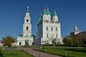 Fototapeta na wymiar Assumption Cathedral and Cathedral Belfry in Astrakhan Kremlin