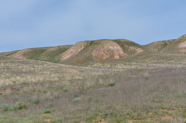 sandstone outcrops in steppe on the slopes of Big Bogdo mountain Bogdo-Baskunchak nature reserve,...