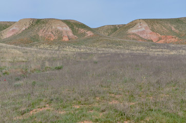 sandstone outcrops in steppe on the slopes of Big Bogdo mountain Bogdo-Baskunchak nature reserve,...