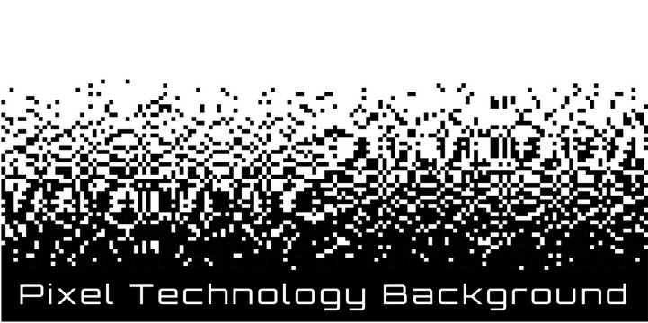 Pixel Abstract technology gradient bw horizontal background. Business black white mosaic backdrop with failing pixels. Pixelated pattern texture. Big data flow vector Illustration.