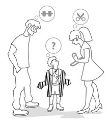 Vector illustration of Family in clothing store bei try-on. Characters set.