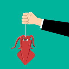 Businessman successful squid fishing and show it
