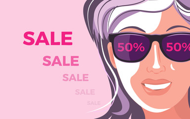 Woman in sunglasses sees sales. Black Friday sales template. Discount, advertising, marketing price tag. Vector illustration. 