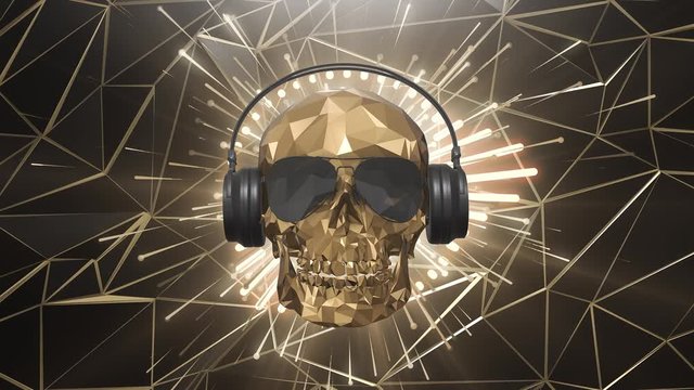 The golden low poly skull of the DJ on the background of the equalizer