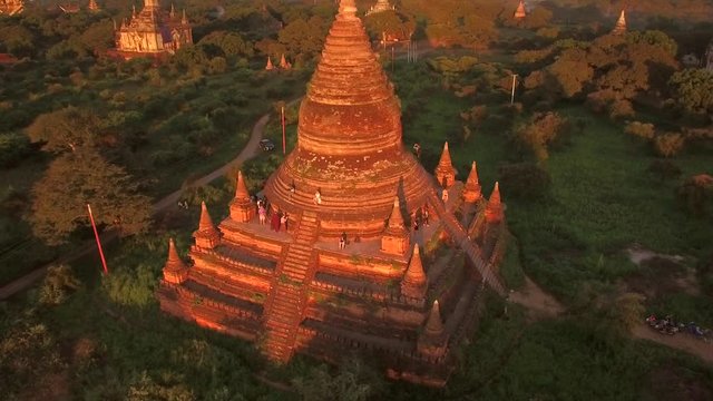 Bagan, Myanmar (Burma), aerial view of ancient temples and pagodas at sunset. 