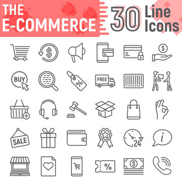 E commerce line icon set, Online store symbols collection, vector sketches, logo illustrations, internet shopping signs linear pictograms package isolated on white background, eps 10.