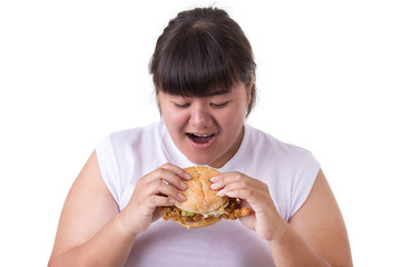 Fat asian woman eating fried chicken hamburger isolated on white. food and healthcare concept