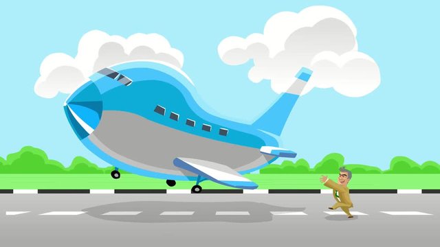 Man runs for the plane, businessman office worker character running after airplane. Lateness concept, cartoon animation.