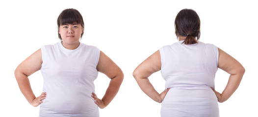 Front and back portrait of fat asian woman wear white t-shirt isolated on white