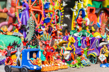 Ocumicho figures from a public street market in Mexico. These figures are part of the typical culture of the south of Mexico.