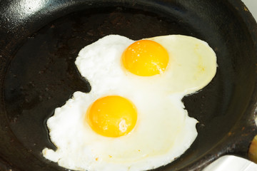 A couple of eggs for Breakfast. Fried eggs in a frying pan.