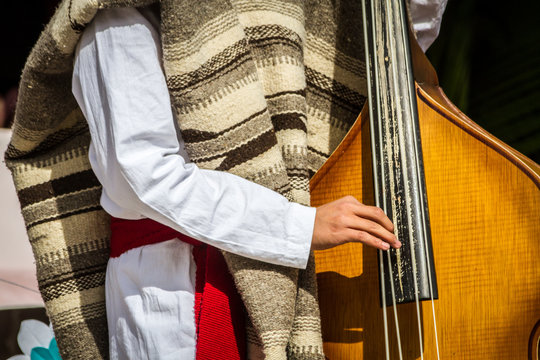 An arm of a musician on the strings of a double bass, also wearing typical clothes of Mexico.