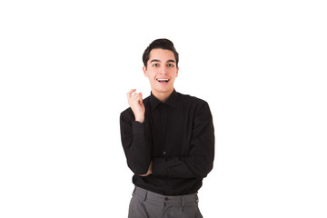 Smiling enthusiastic excited young man on white studio background