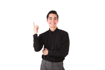 Fototapeta premium Portrait of a young man having idea and pointing finger up isolated over white background