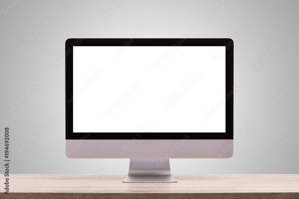 Aufkleber modern desktop computer on wooden table. studio shot isolated on blank grey. blank screen for graphi