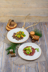 salads in a composition on a wooden background