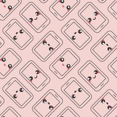 Pink seamless pattern background with cute japanese mobile phone emoticons.