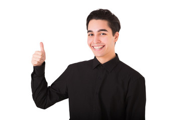 Happy smiling young handsome man showing thumbs up isolated over white background