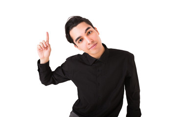 Fototapeta premium Portrait of a young man having idea and pointing finger up isolated over white background