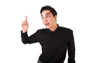 Fototapeta premium Portrait of a young man having idea and pointing finger up isolated over white background