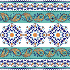 Striped seamless pattern with paisley. Floral wallpaper. Decorative ornament for fabric, textile, wrapping paper.