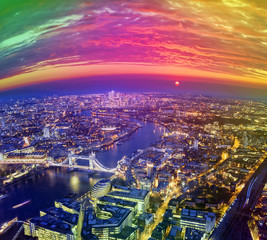Fototapeta na wymiar London city sunset, mystic aerial view