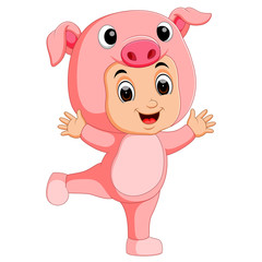 Cute boy cartoon wearing pig costume