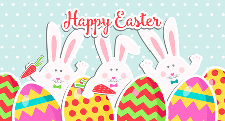 Happy Easter design with eggs and cute rabbits. Vector Illustration