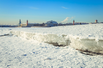 Panorama of the Spit of the Vasilyevsky Island in St. Petersburg on a winter sunny day