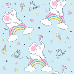 Seamless pattern with white cute elephants. Vector  Illustration