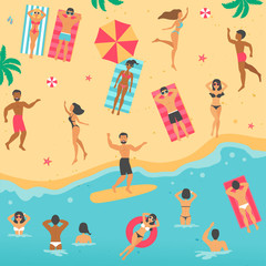 Vector cartoon flat illustration with people on the summer beach