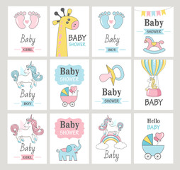 Set of baby shower cards. Vector illustrations