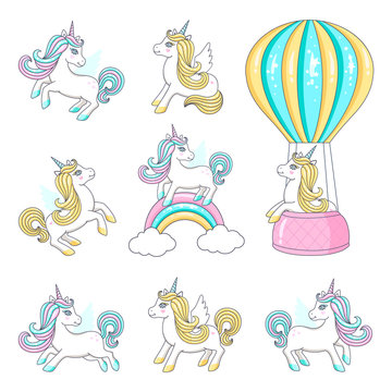 Set of cute unicorns. Vector illustration