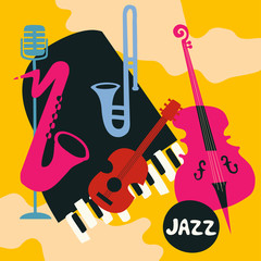 Naklejka premium Jazz music festival poster with music instruments. Saxophone, trumpet, guitar, violoncello, piano and microphone flat vector illustration. Jazz concert