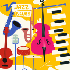 Fototapeta premium Jazz music festival poster with music instruments. Saxophone, trumpet, guitar, violoncello, piano, cymbals, clarinet and microphone flat vector illustration. Jazz concert
