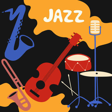Jazz music festival poster with music instruments. Saxophone, trumpet, guitar, cymbals and microphone flat vector illustration. Jazz concert