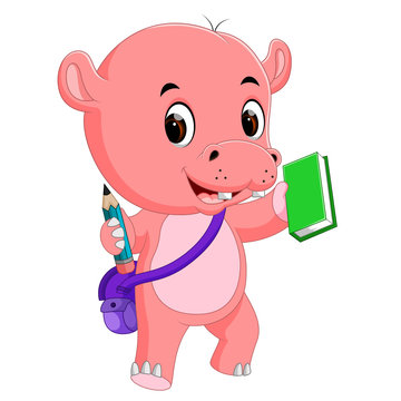 Cute hippo go to school