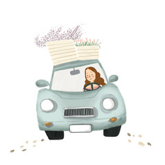 Cartoon car with flowers at the top