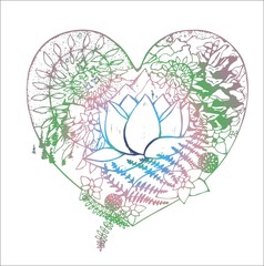 Color drawing of the heart, in which the lotus, fern, cone, mountains, clouds, trees.